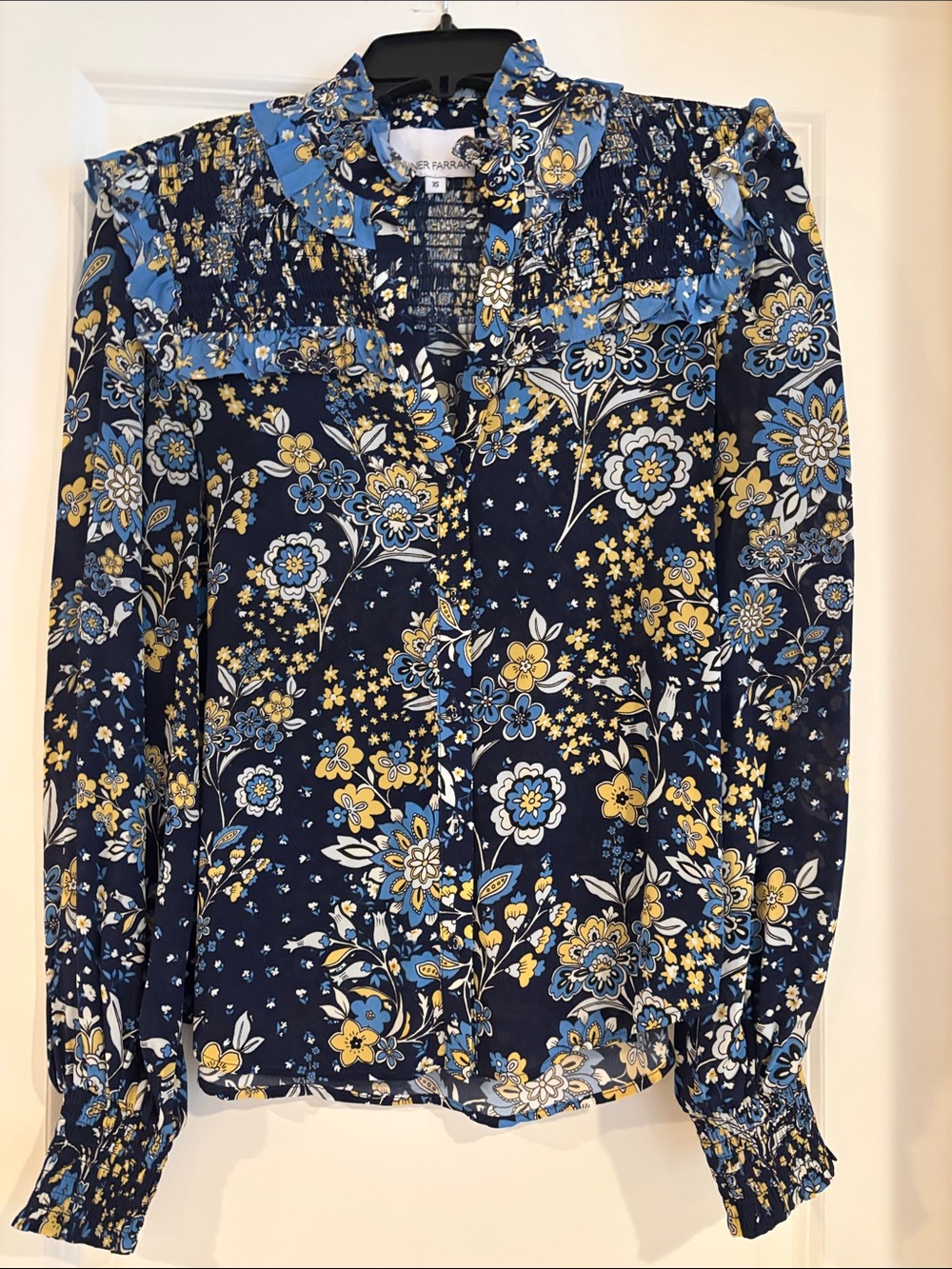 Floral Ruffle Yoke Blouse - Navy with Blue & Yellow